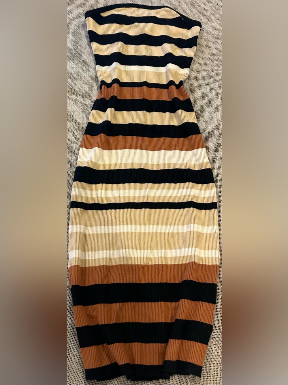 House of Harlow 1960 Strapless Striped Knit Dress in Black, Brown, Cream